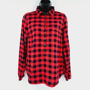 J Crew Factory Popover Shirt S Red Black Buffalo Plaid Check Button Long Sleeve